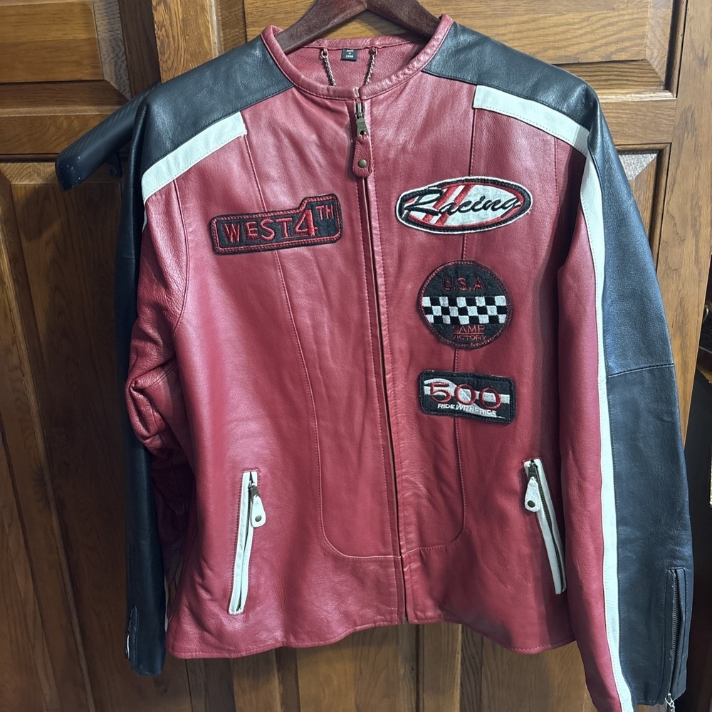 Tanners Avenue Leather Racing Jacket Mens 3XL‎ Red Black Moto Biker Y2K